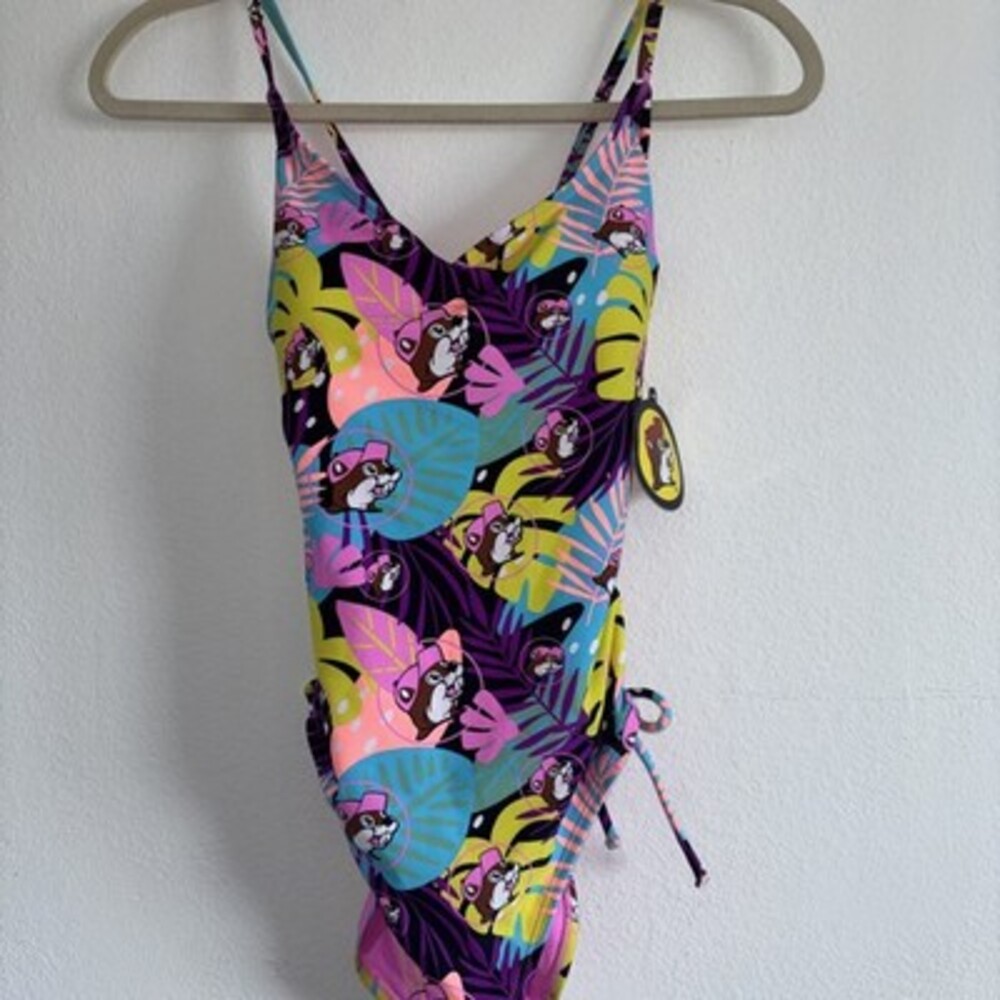 Buc-ee's Tropical Print One Piece Swimsuit Drawstring Sides  Size M